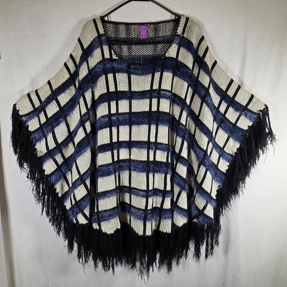 Olivia M Womans Plaid Blue/black/white Fringe Poncho Cape Knit Sweater Size Med. - Picture 2 of 6